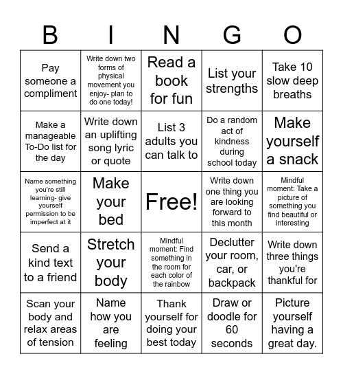 May Mental Health Month Bingo Card