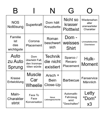 Fast & Furious 10 Bingo Card