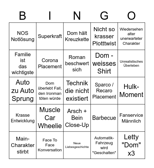 Fast & Furious 10 Bingo Card