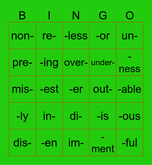 PREFIXES AND SUFFIXES Bingo Card