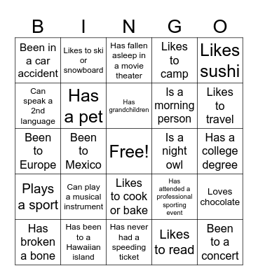 Getting to Know You Bingo Card