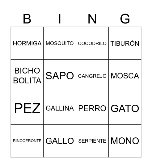 ANIMALES Bingo Card