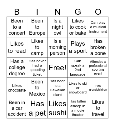 Getting to Know You Bingo Card