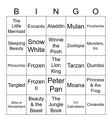 Disney Movie Bingo Card