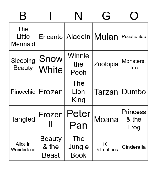 Disney Movie Bingo Card