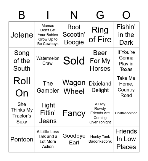 Top Country Bingo Card