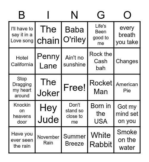 70's $ 80's Rock Music Bingo Card