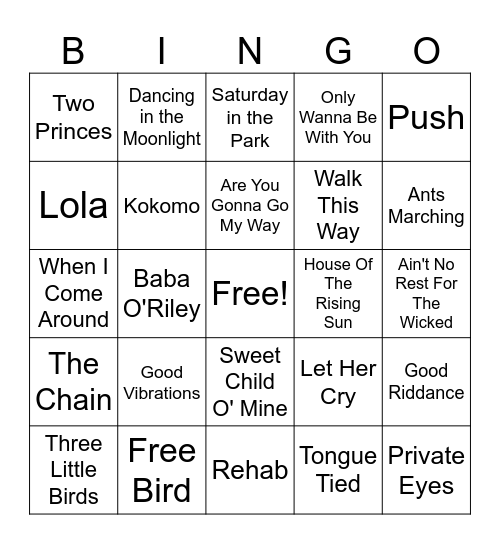 Dive Bar Anthems Bingo Card