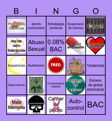 Alcohol Prevention Bingo Card