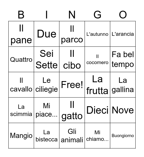 Italiano Bingo Card