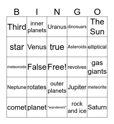 The Solar System and the Universe Bingo Card