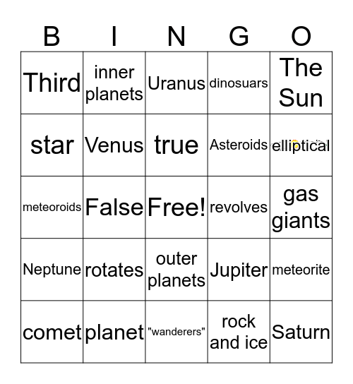 The Solar System and the Universe Bingo Card