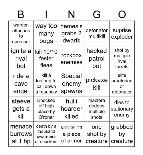 Drg bug bingo Card