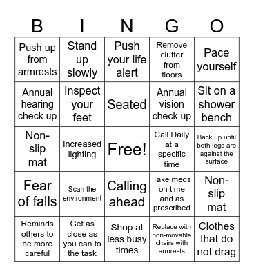Fall Prevention Bingo Card