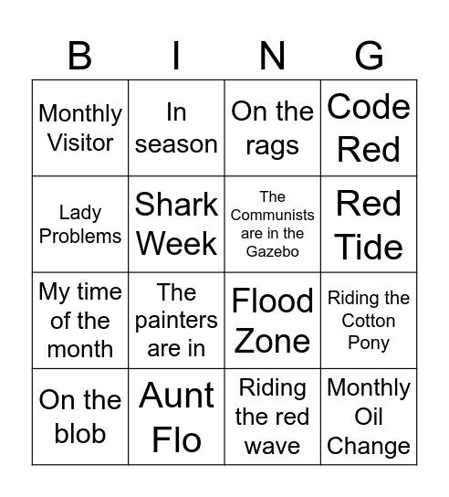 Menstrual Euphemisms Bingo Card
