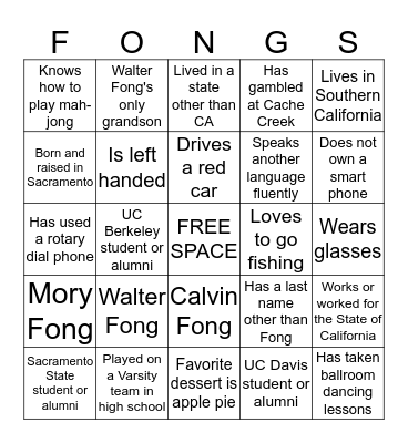 Fong Family Bingo Card