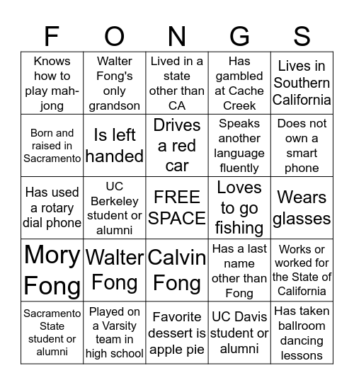 Fong Family Bingo Card