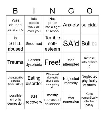 Jupiters mental health and truama (TW) Bingo Card