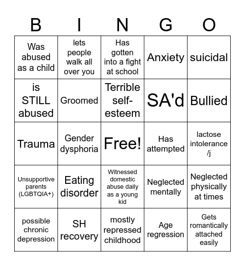 Jupiters mental health and truama (TW) Bingo Card