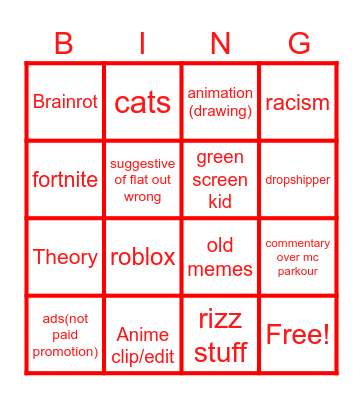 Yt shorts bingo Card