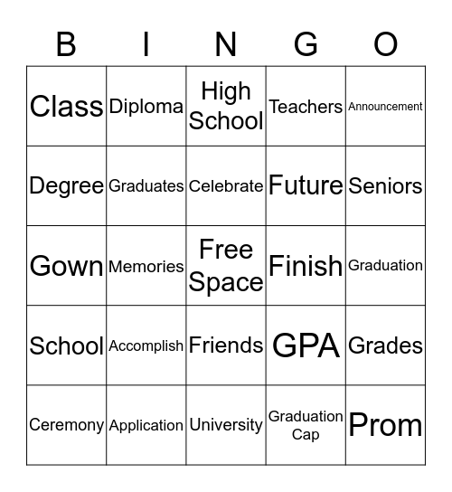 Graduation Party Bingo Card