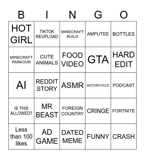 YOutube Shorts Bingooo Bingo Card