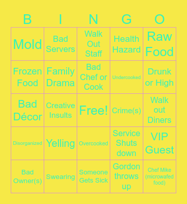 Kitchen Nightmares Bingo Card