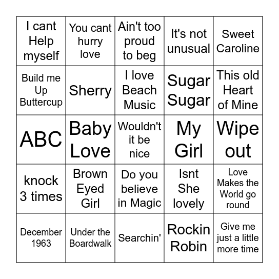 Beach Music Bingo Card