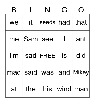 sight words Bingo Card