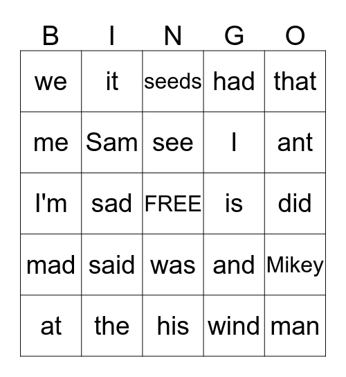 sight words Bingo Card