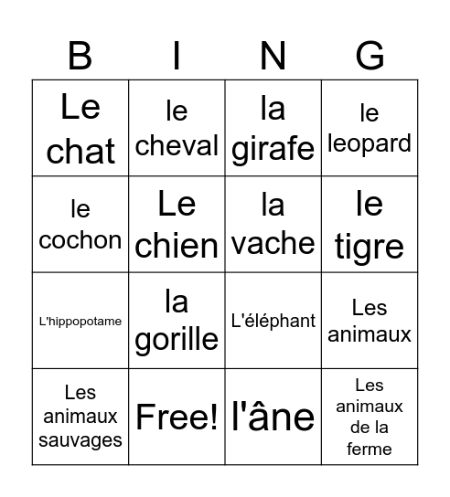 Les animaux! Bingo Card