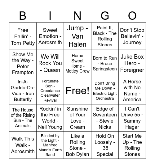 Rock Music Trivia Bingo Card