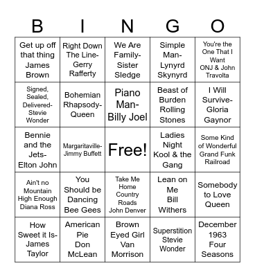 70s Music Bingo Card