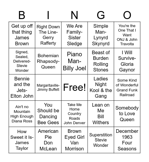 70s Music Bingo Card