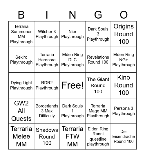 Single Player Challenges Bingo Card