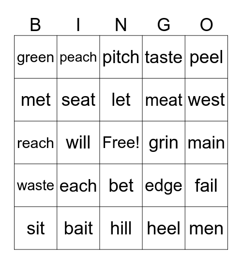 Long and short e, short i, long a Bingo Card