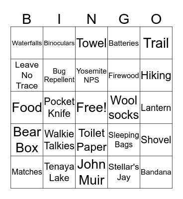 TUOLUMNE MEADOWS CAMPING Bingo Card