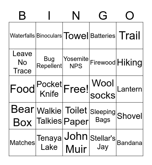 TUOLUMNE MEADOWS CAMPING Bingo Card