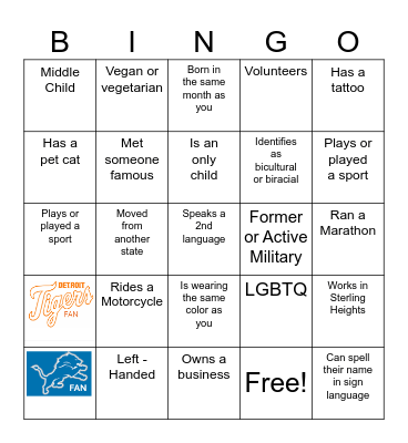 Sterling Heights New Resident Bingo Card