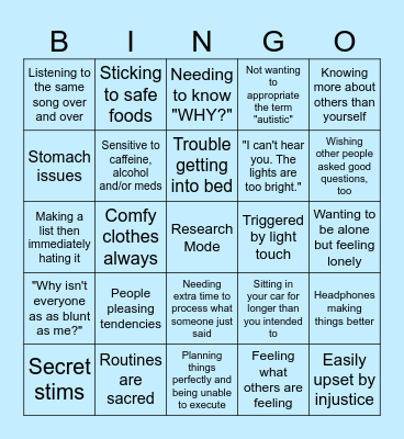 Late Diagnosed Adult Autistic Bingo Card