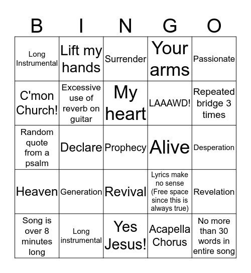Hillsong Bingo Card