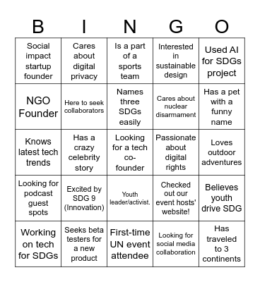 Tech 4 SDGs Youth Mixer Bingo Card