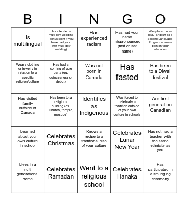 Cultural Diversity Bingo Card