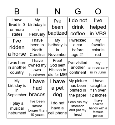 LIFESTYLE BINGO Card