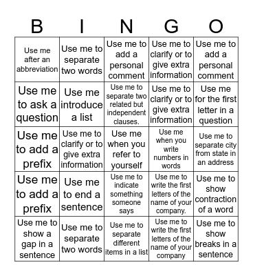Puncutation Bingo Card