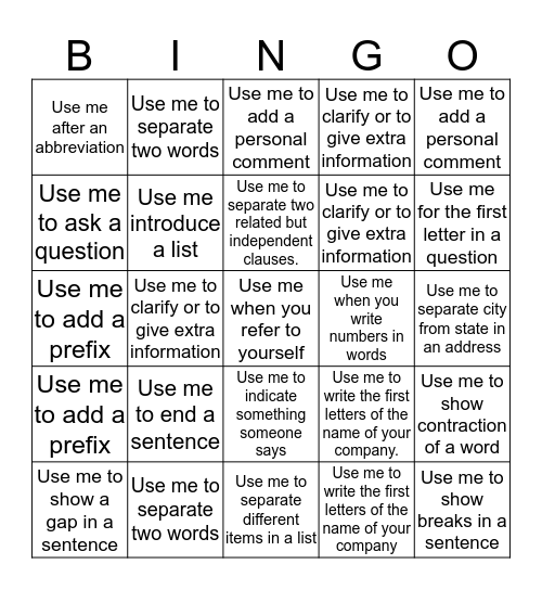 Puncutation Bingo Card