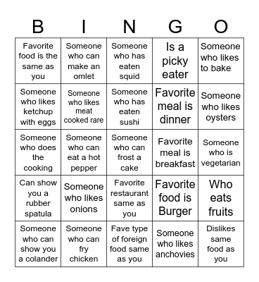 Get to Know You Bingo (Foods) Bingo Card