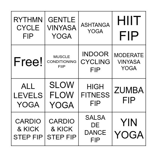 Aerobic Bingo Card