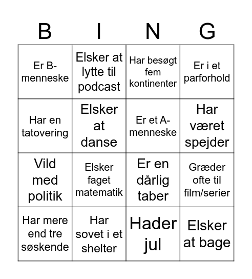 Menneskebingo Card