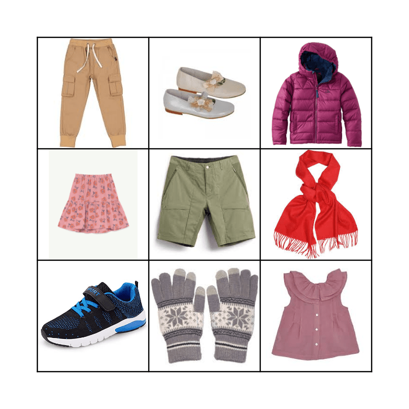 Clothing Bingo Card